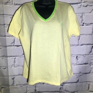 Yellow with green collar v neck t shirt